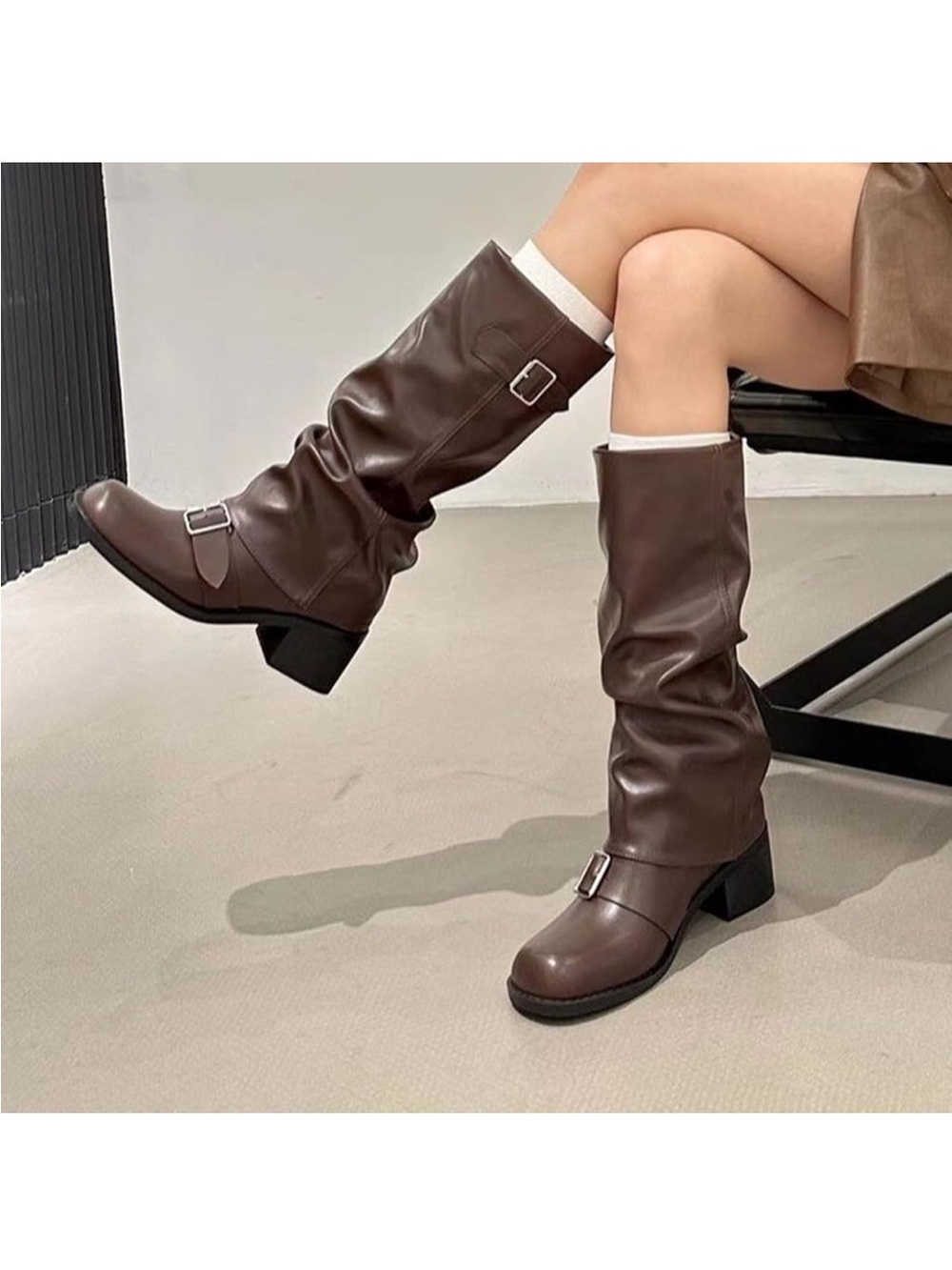 Brown Mid-Calf Buckle Heeled Boots for Women